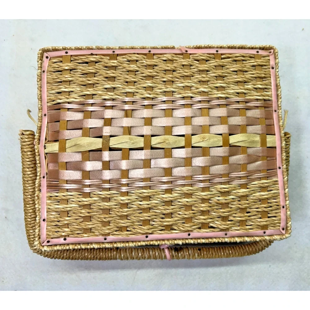 Woven Vanity Jewelry Box Pink Trim Satin Lined Hinged Basket Vintage Storage